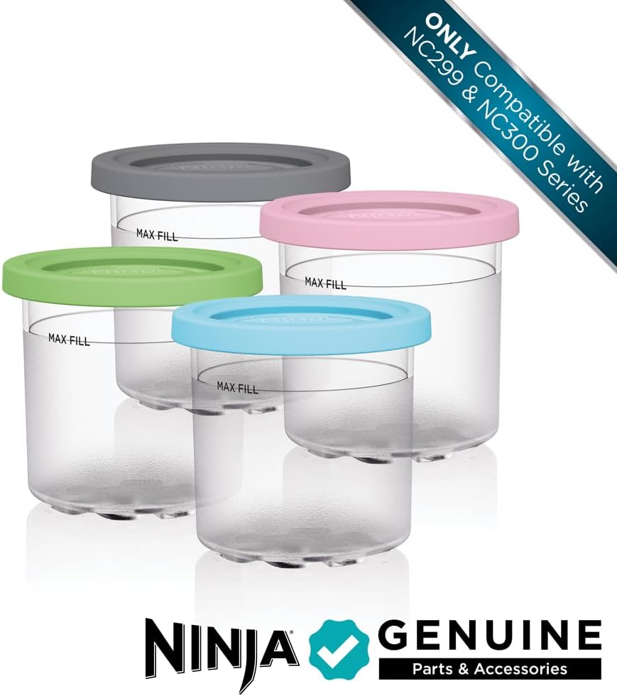 ninja creami pints, compatible with nc299amz & nc300s series creami ice cream makers, genuine ninja pint, bpa free & dishwasher safe, color lids, clear/grey/lime/pink/aqua (4 count pack1)