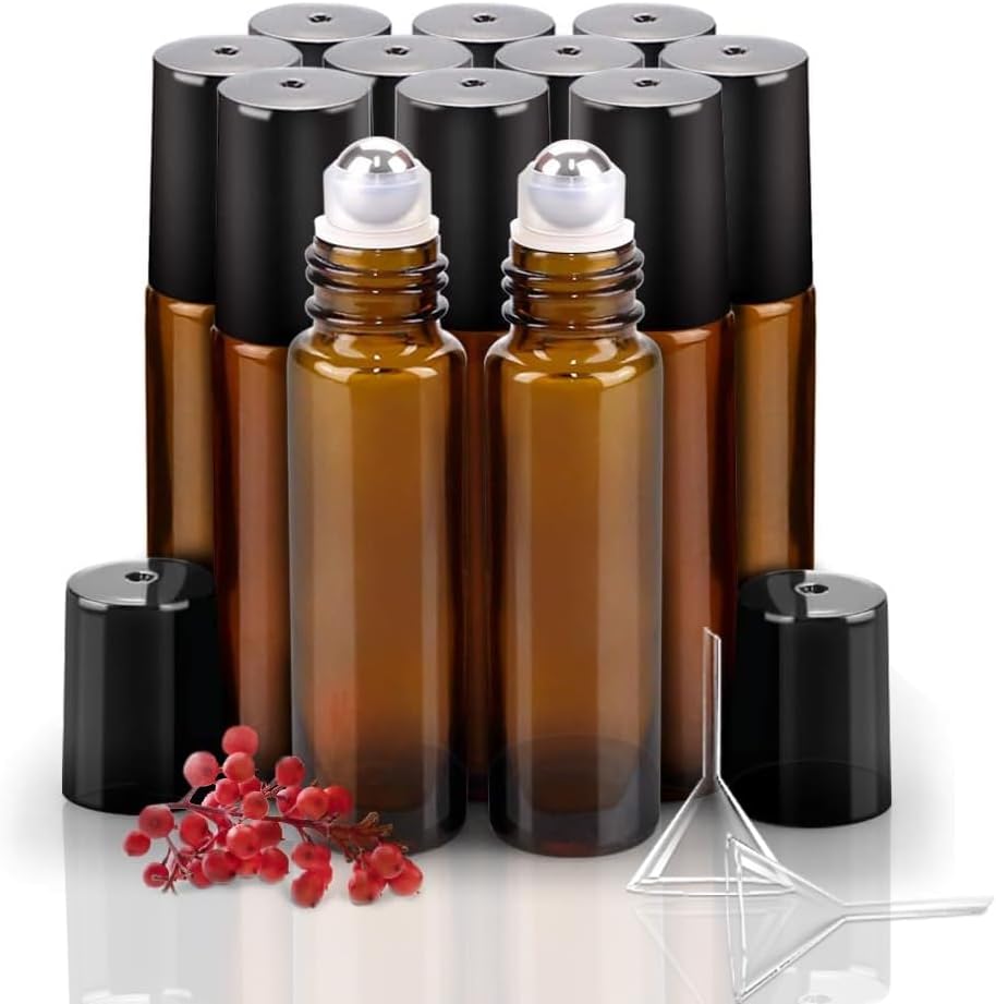 jhania 12 pack essential oil roller bottles 10ml amber glass with 2 funnels empty bottles stainless steel roller balls empty eye rollerball bottle with roller ball for perfumes,lip balms &travel