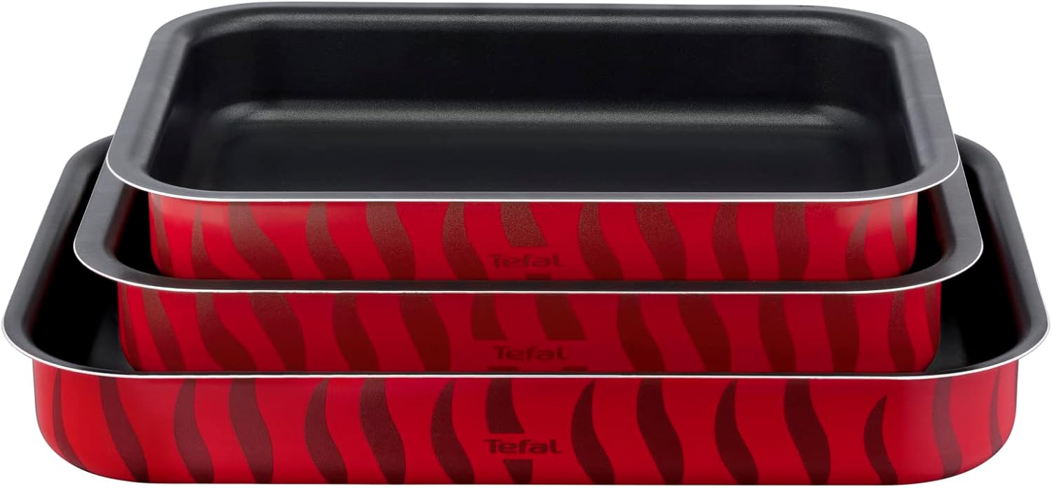 tefal baking pans | les spécialistes 3 piece set | oven dishes: 22x29cm 24x31cm 27x37cm |non stick coating | aluminum | heat diffusion | easy cleaning | made in france | 2 years warranty | j5715482