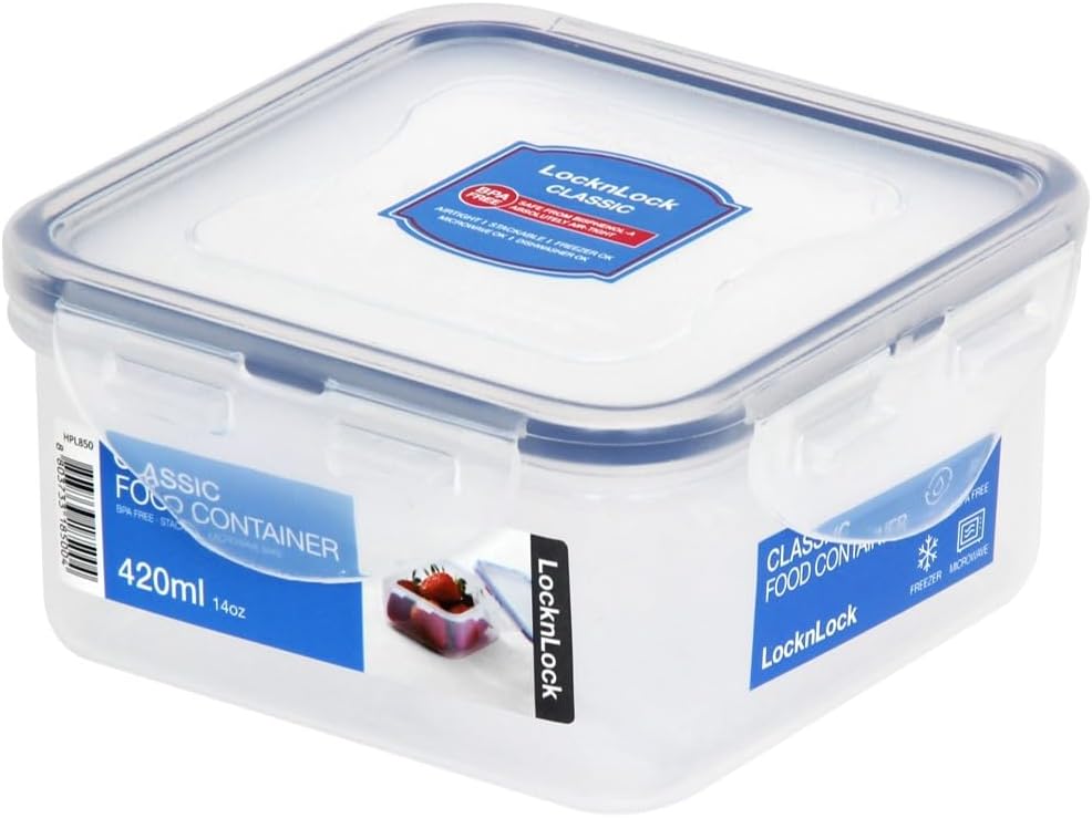 locknlock square short food container, clear, 420 ml capacity, hpl850