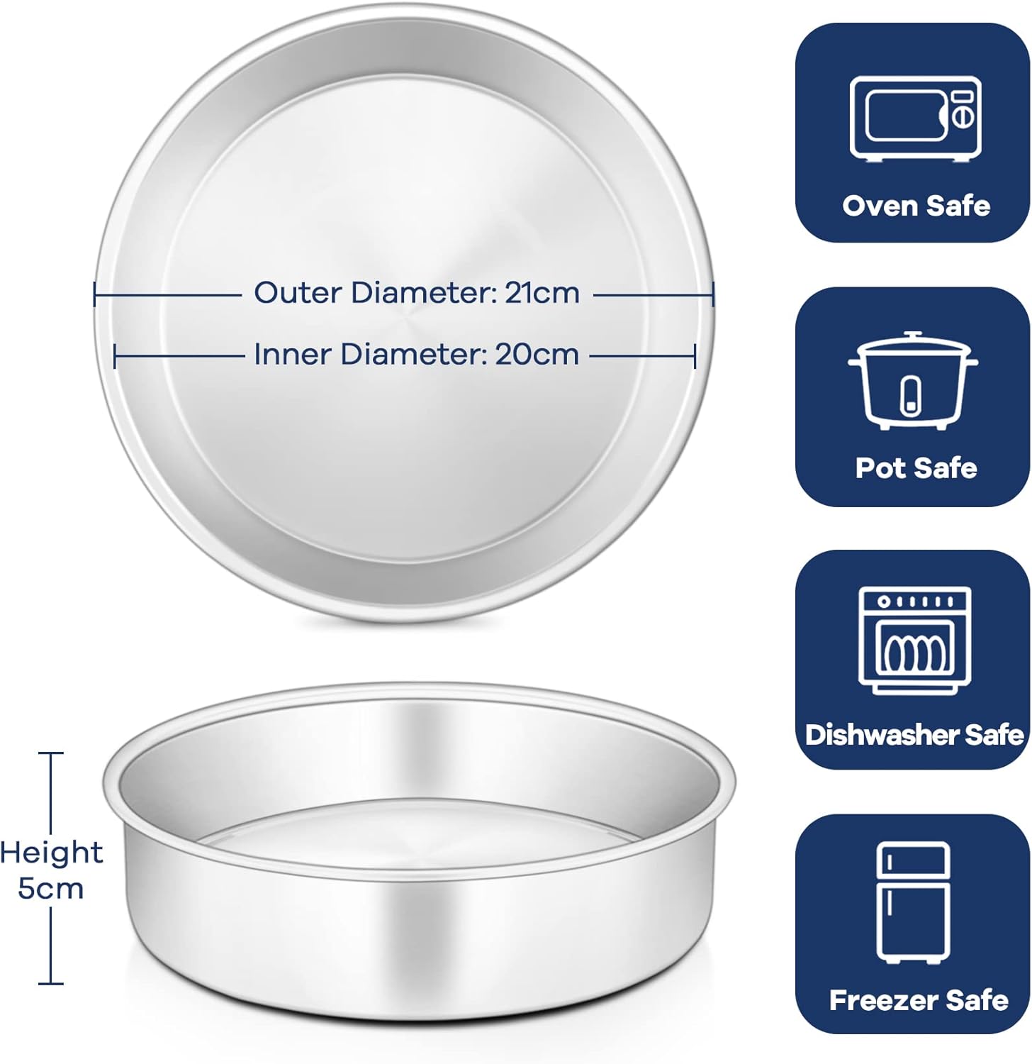 onader 8 inch round cake tin set of 3, stainless steel cake mould pan for baking, ideal for birthday christmas wedding layer cakes, non toxic & healthy, mirror finished & dishwasher safe