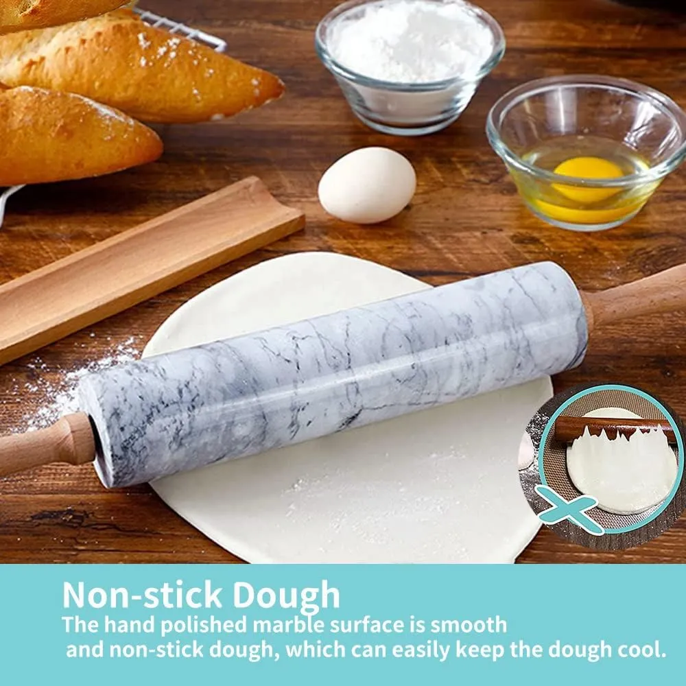 LENND White Marble Rolling Pin with Wooden Cradle, Premium Quality Polished Roller for Pizza Dough,Fondant,Pie Crust,Non-Stick Surface Easy to Clean, 6 x 45 x 6cm