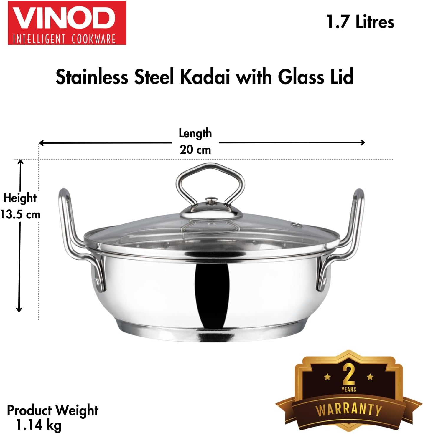 vinod stainless steel kadhai/cooking pot/wok with glass lid 1.7 litre, 20cm | extra thick, sas heavy bottom |induction & gas stove friendly|for cooking & deep frying