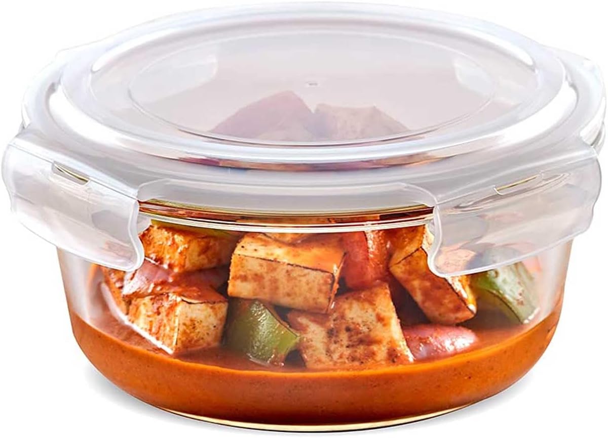 borosil klip n store round glass storage container with air tight lid food storage container microwave safe container 400 ml
