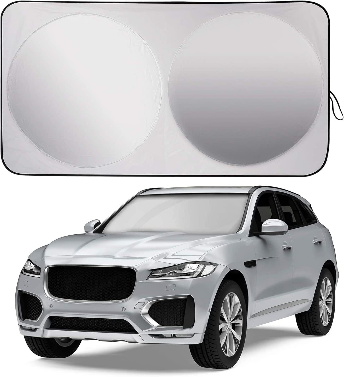 showay car windshield sun shade with storage pouch | fits for car, suv, van front window windshields visor heat protection & interior cooler to keep vehicle cool