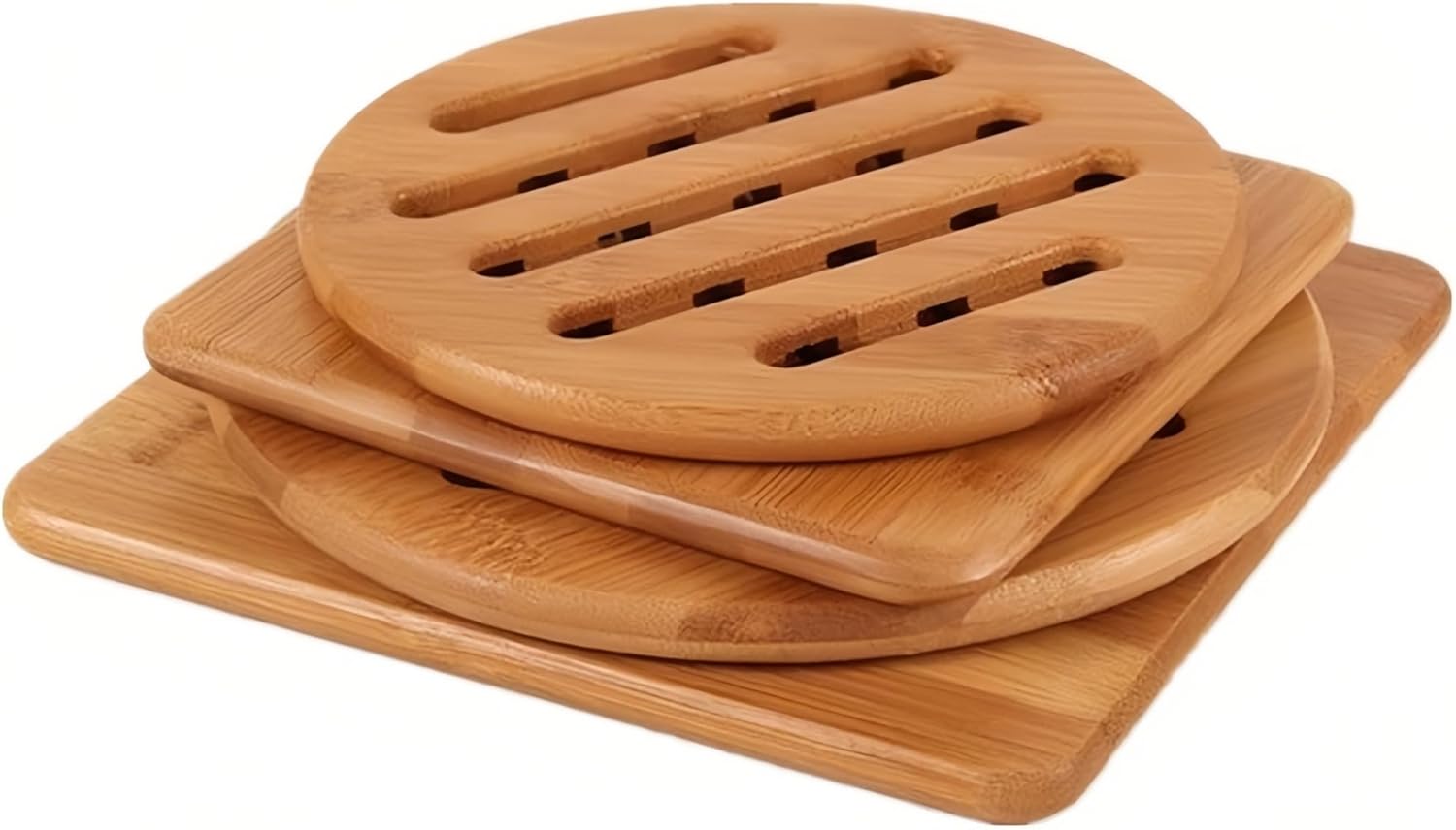 alfto hot pads trivet,table solid bamboo wood trivets for hot dishes and pot with non slip pads heat resistant pads teapot trivet 4pcs(multi size,2 square 2 round)