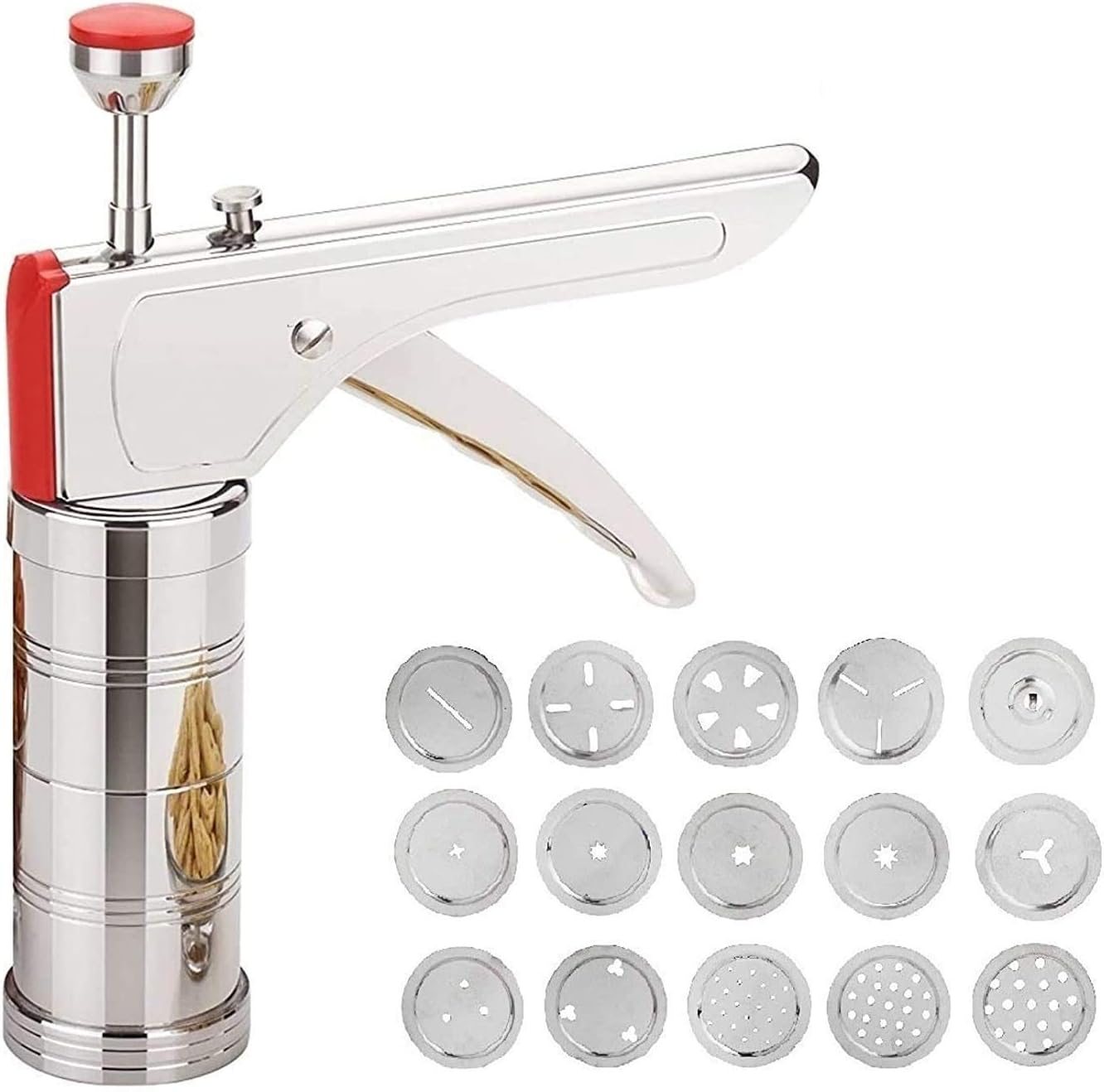 wazdorf stainless steel kitchen press with 15 different types of jalies, murukku maker/bhujiya maker/noodles/cookies/namkeen/chakali maker/sev maker/farsan maker/gathiya maker