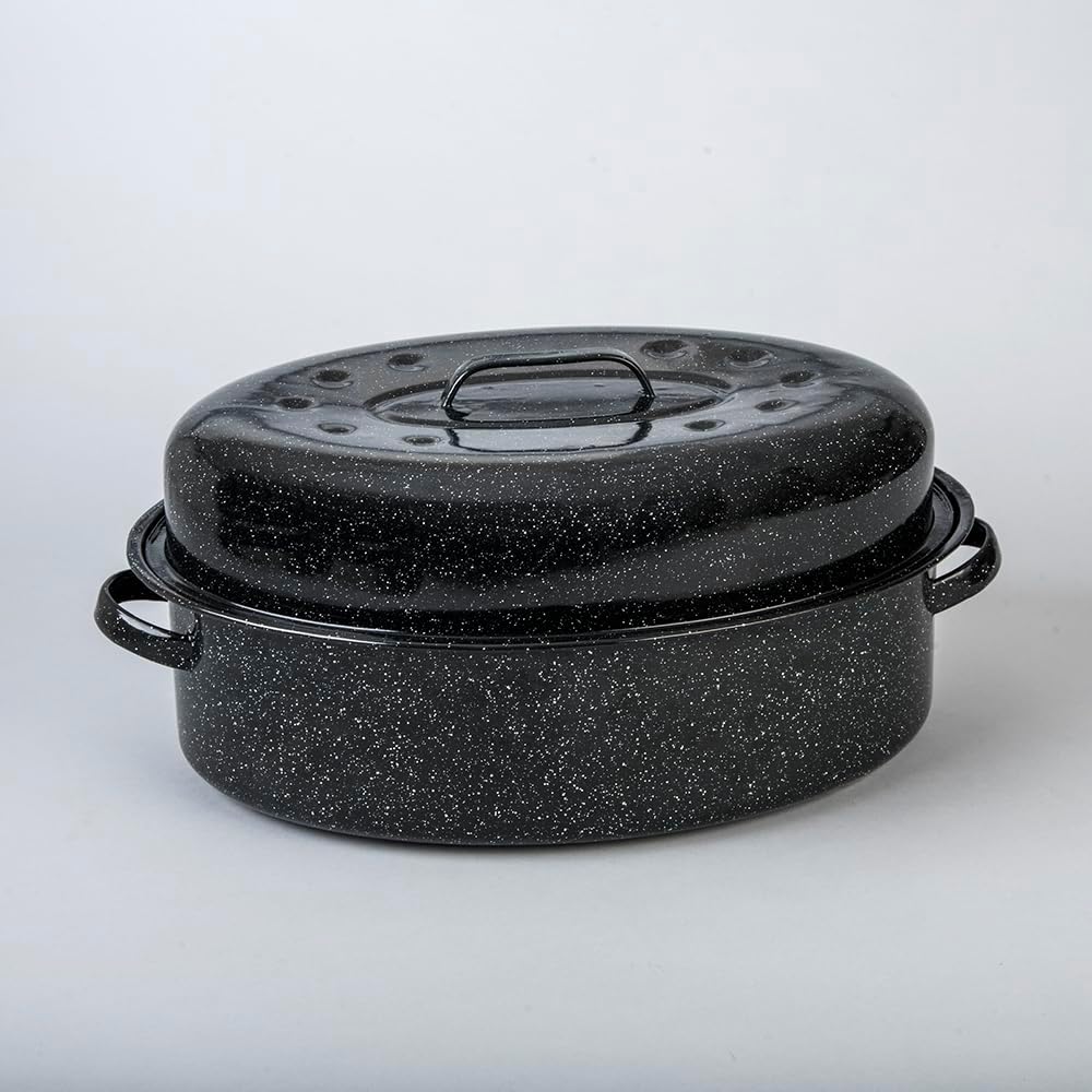 granite ware oval roaster 19 inch with lid (speckled black) enamelware roasting pan. home or on the grill. great grilling, boiling, baking or roasting. dishwasher safe.