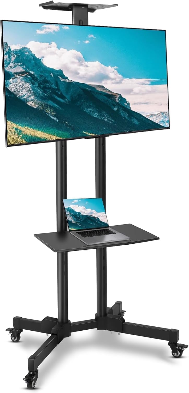 sky touch mobile tv stand rolling tv cart for 32 65 inch,height adjustable floor tv stand,lockable wheels&removable shelf for lcd led 4k flat curved tv,110 lbs,max vesa 600x400mm,180x76x56cm,black