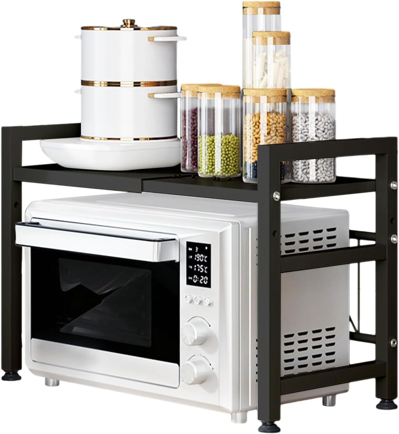 fgogo extendable microwave oven rack, adjustable microwave/toaster shelf stand kitchen counter top organizer, 2 tier with 6 hooks, 75kg/165lbs weight capacity