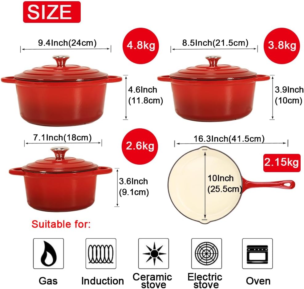v a v healthy and safe, non stick enameled 7 pcs set of cast iron dutch oven cookwares. set includes: 24cm dutch oven fry pan, 18cm, 21cm, 24cm dutch oven cookwares with lids and gloves.