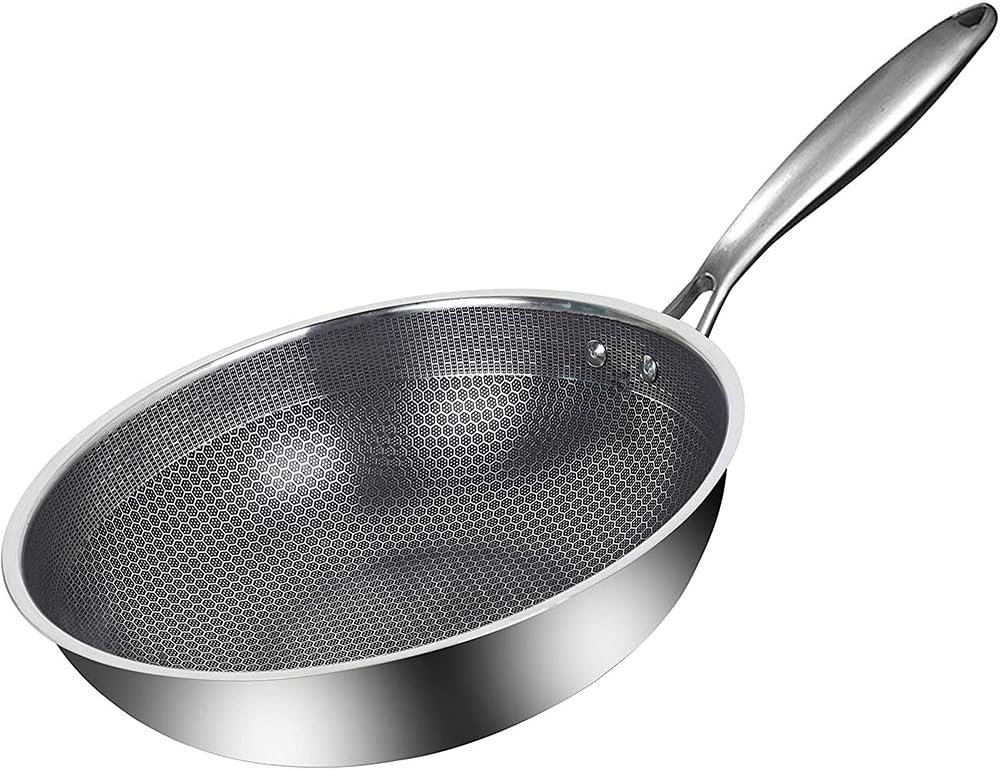 zlass stainless steel wok, round bottom non stick honeycomb wok with anti scalding handle, suitable for family restaurant cooking pots on all stoves, 32cm/12.5in