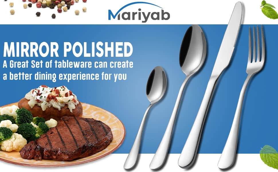 mariyab 24 pieces cutlery set, stainless steel basic flatware cutlery silverware for home/office/party/camping, knife fork spoon eating utensils set service for 6, mirror polish