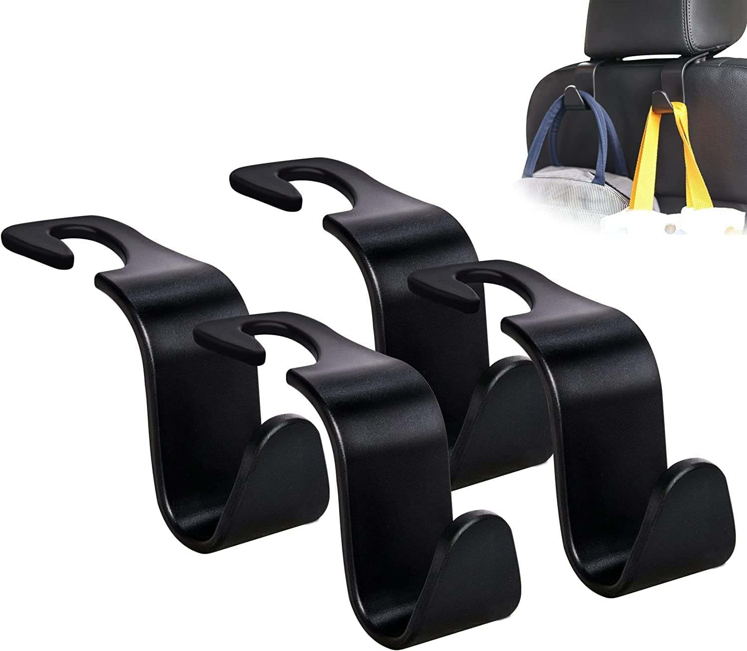 sulfar universal vehicle car backseat headrest hanger storage organizer, black car back seat headrest hooks, car seat accessory for handbags, purses, coats, and grocery bags, bottle holder 4 pack