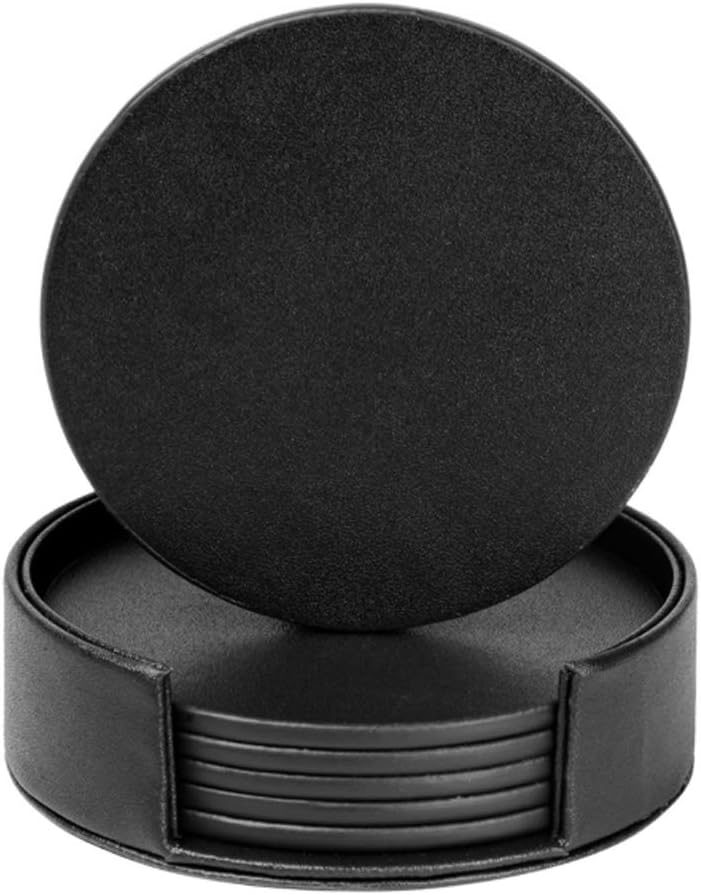 kemmper drink coasters set of 6 leather coastersspill protection for table desk durable and non slip leather coaster fit common size drinking glass coffee cup tea cup mug (round black)