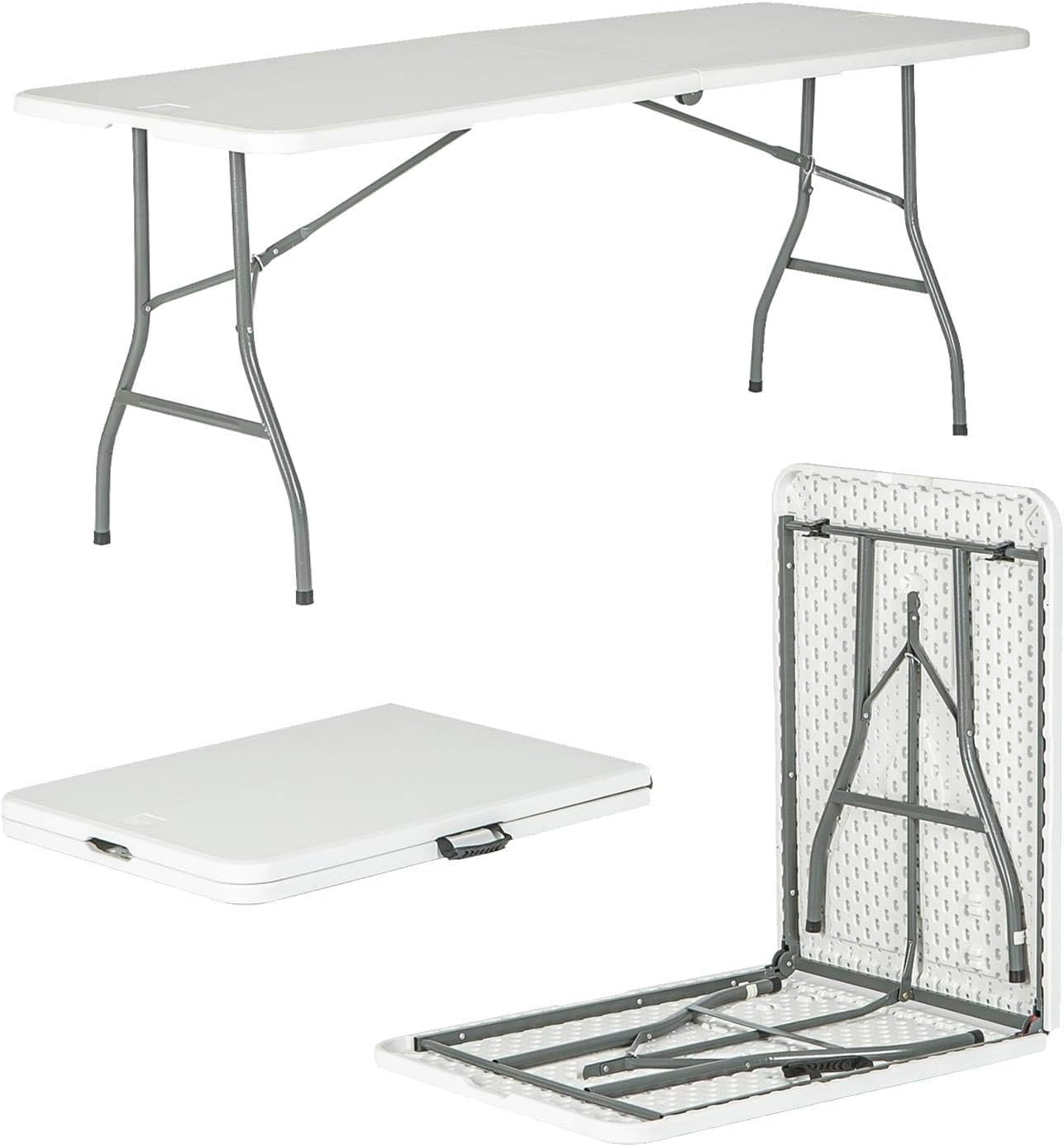 sky touch folding lightweight trestle outdoor camping table,heavy duty plastic outdoor folding picnic table,folding trestle table for bbq party, folds in half with carry handle,white(180×75×75cm)