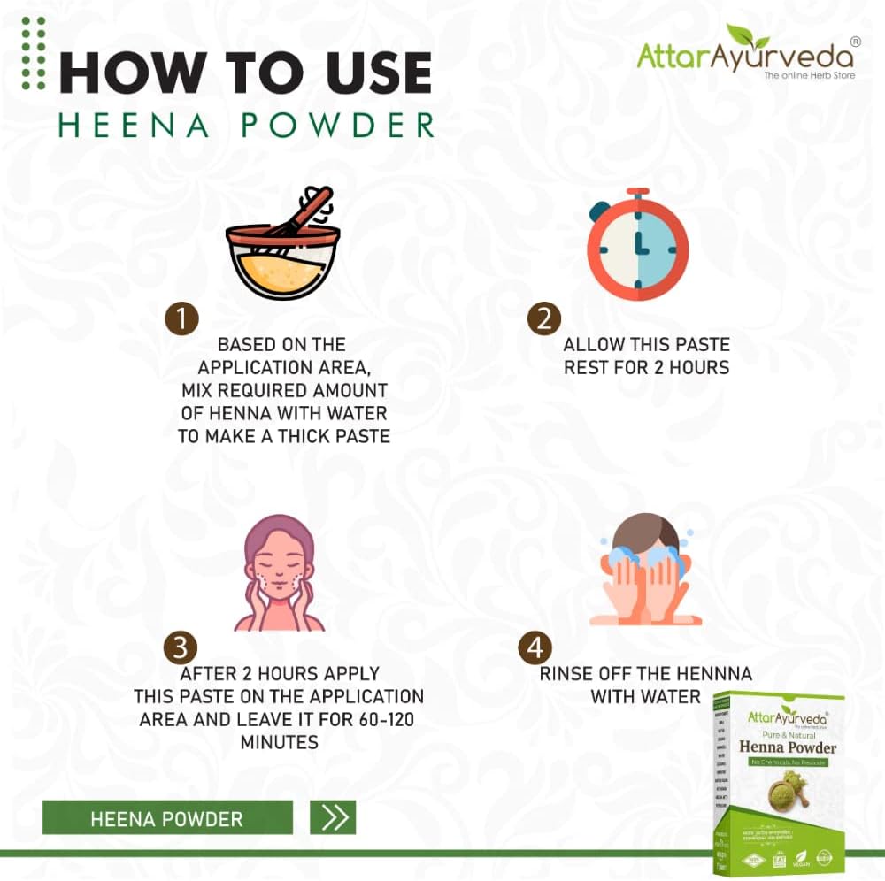 attar ayurveda natural henna powder for hair color and growth, reduce hair fall 100% natural no added preservative no chemical dye added 7 ounce