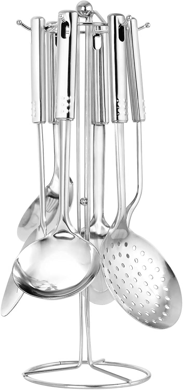 berger stainless steel kitchen tools 7 piece set, silver, multifunctional stainless steel kitchenware with holder stand