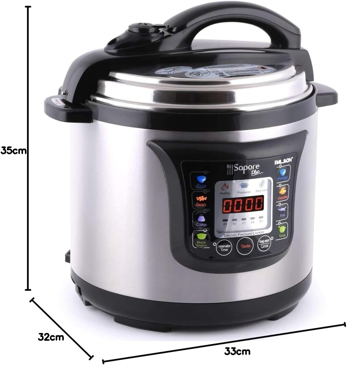 palson electric pressure cooker 8 litter capacity ultra fast steam cooking dimensions ‎32 x 33 x 35cm (1200 watts) silver color model 30997 1 year warranty.