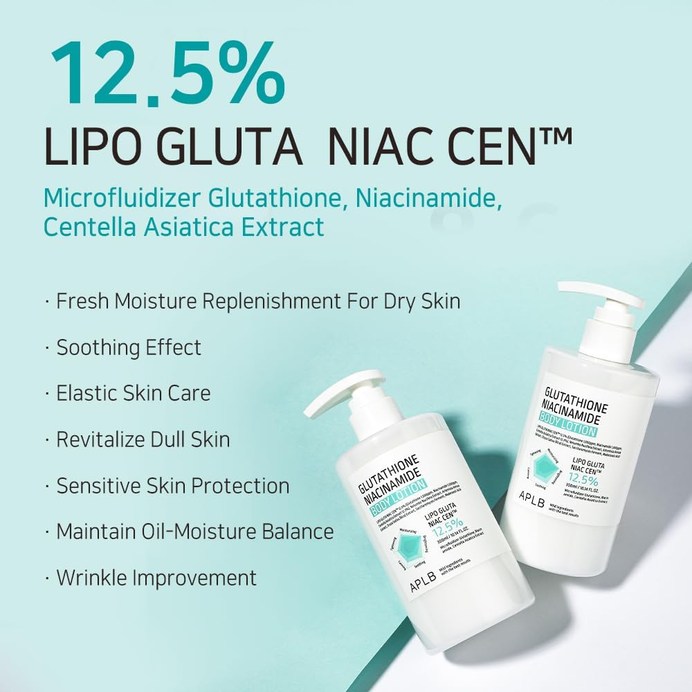 aplb glutathione niacinamide body lotion | lipo gluta niac cen™ 12.5% 10.14 fl.oz/korean skincare, long lasting hydration, revitalize for gentle and improve skin texture