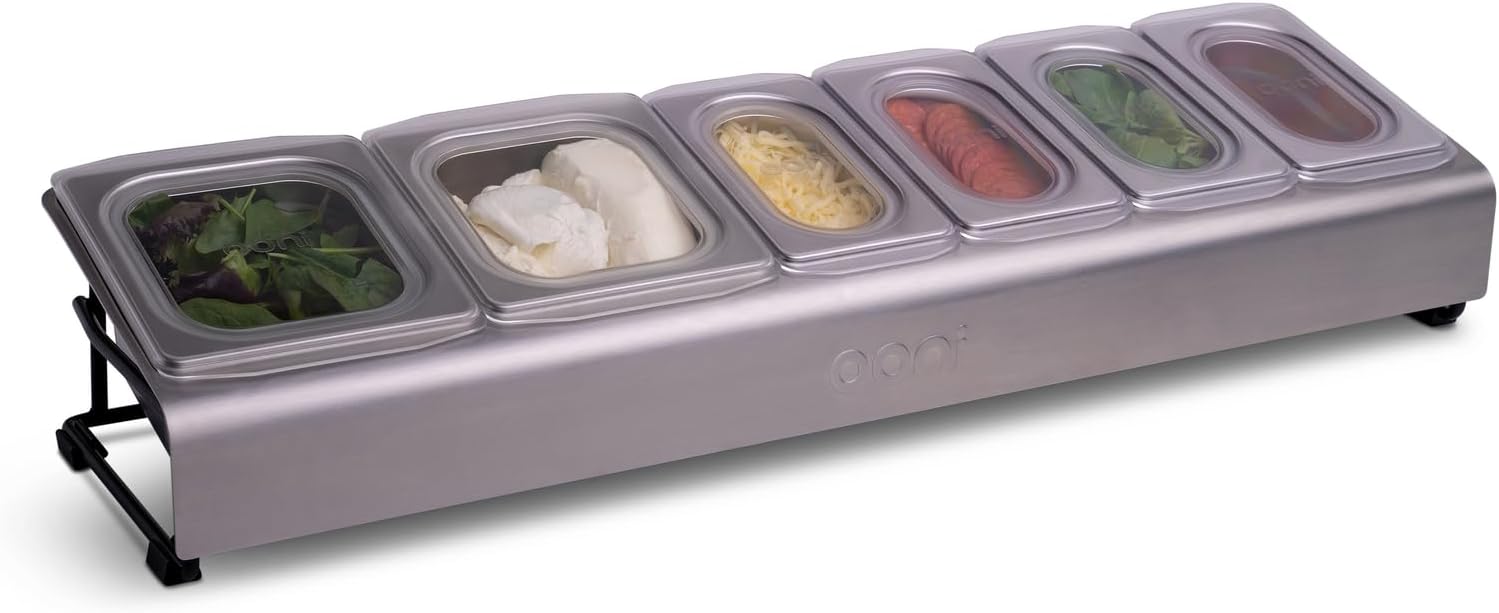 ooni pizza topping station 6 compartment stainless steel tray holder kitchen accessories condiment containers with lids for pizza toppings & ingredients