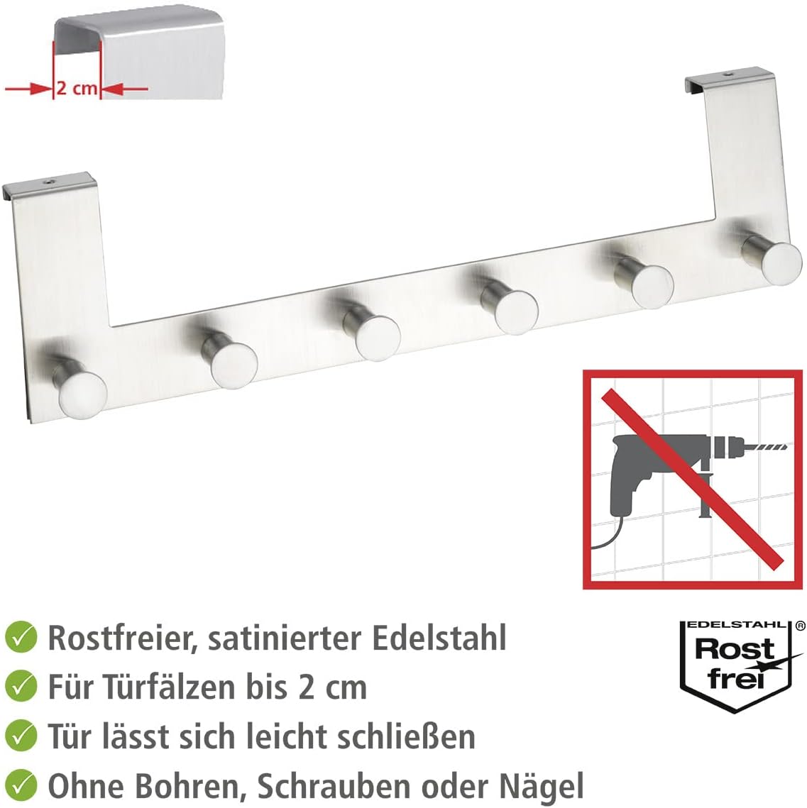 wenko, 6 hook door mounted clothes rack, stainless steel, space saving coat hangers for home bedroom, house space savers, 39x11x5.5cm, matt