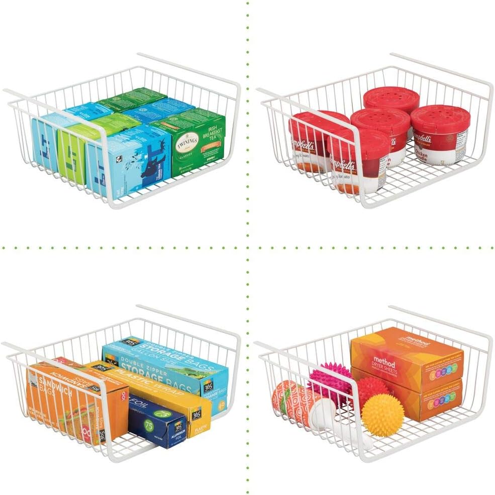 mdesign household metal under shelf hanging storage bin basket with open front for organizing kitchen cabinets, cupboards, pantries, shelves large, 2 pack white