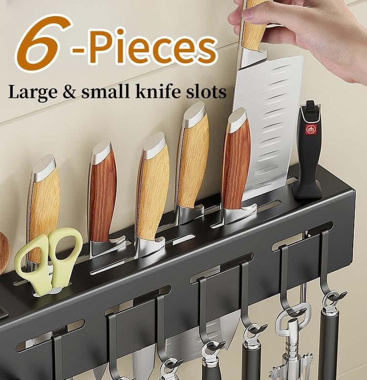 kitchen knife rack, wall mounted knife holder kitchen wall shelf heavy duty spoon organizer, cutlery holder with 8 hooks & towel rack, multi purpose knife organizer for kitchen, restaurant