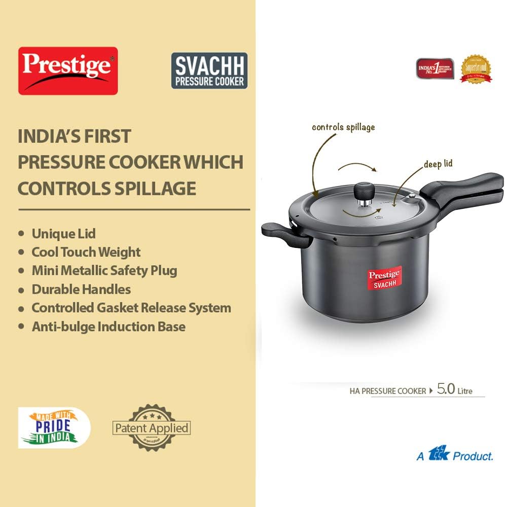 prestige svachh pressure cooker with hard anodised body 5 ltr | grey