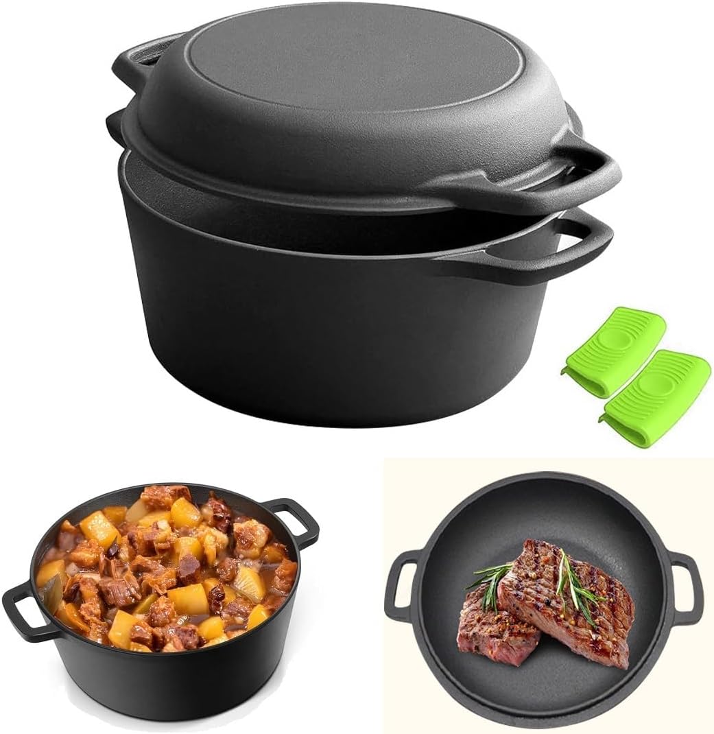 cast iron dutch oven with lid, pre seasoned 2 in 1 combo cooker dual purpose non stick pot skillet frying pan, pot & pan set casserole with handle cover for camping kitchen griddle cookware, 26cm 4.7l