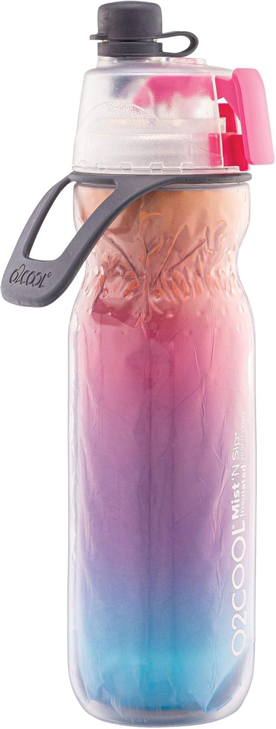 o2cool mist n' sip insulated water bottle 20 oz, raspberry ombre color | 2 in 1 function, double wall insulation, bpa free | perfect for sports, cycling & outdoor activities
