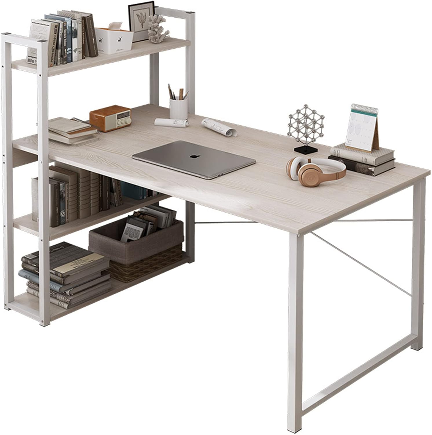 sky touch computer desk table with shelves 120x48cm, 4 tier study table with bookshelf desk storage reversible study table office corner desk with shelves home office desk easy assemble