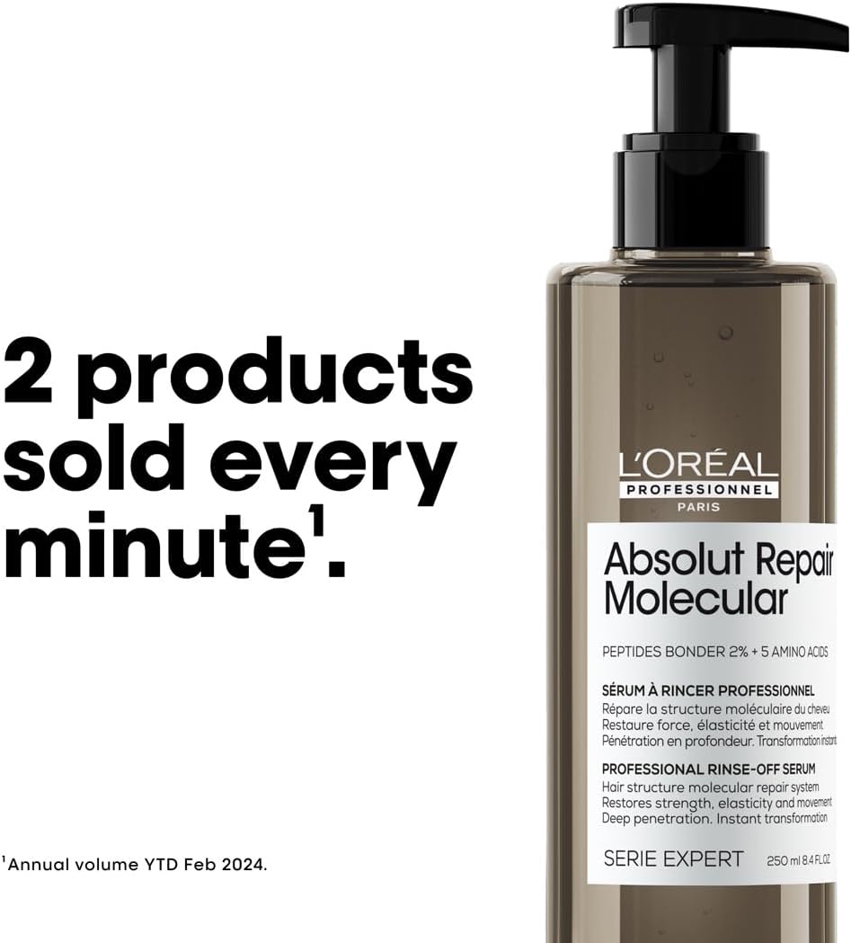 l’oréal professionnel | absolut repair molecular hair rinse off serum, repair damage & restore strength, deep molecular repair & instant transformation, for all damaged hair types, serie expert, 250ml