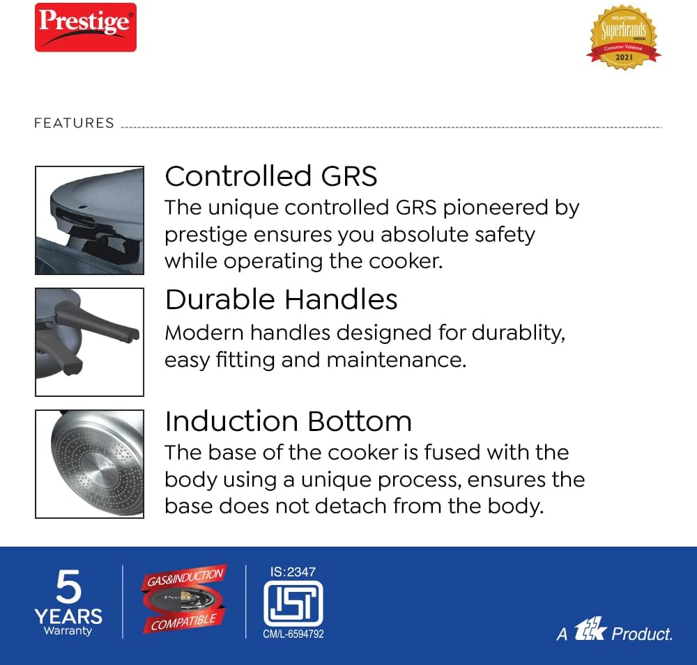 prestige deluxe plus hard anodised pressure cooker 5 ltr |aluminium pressure cooker with lid |curved design|user friendly handles black
