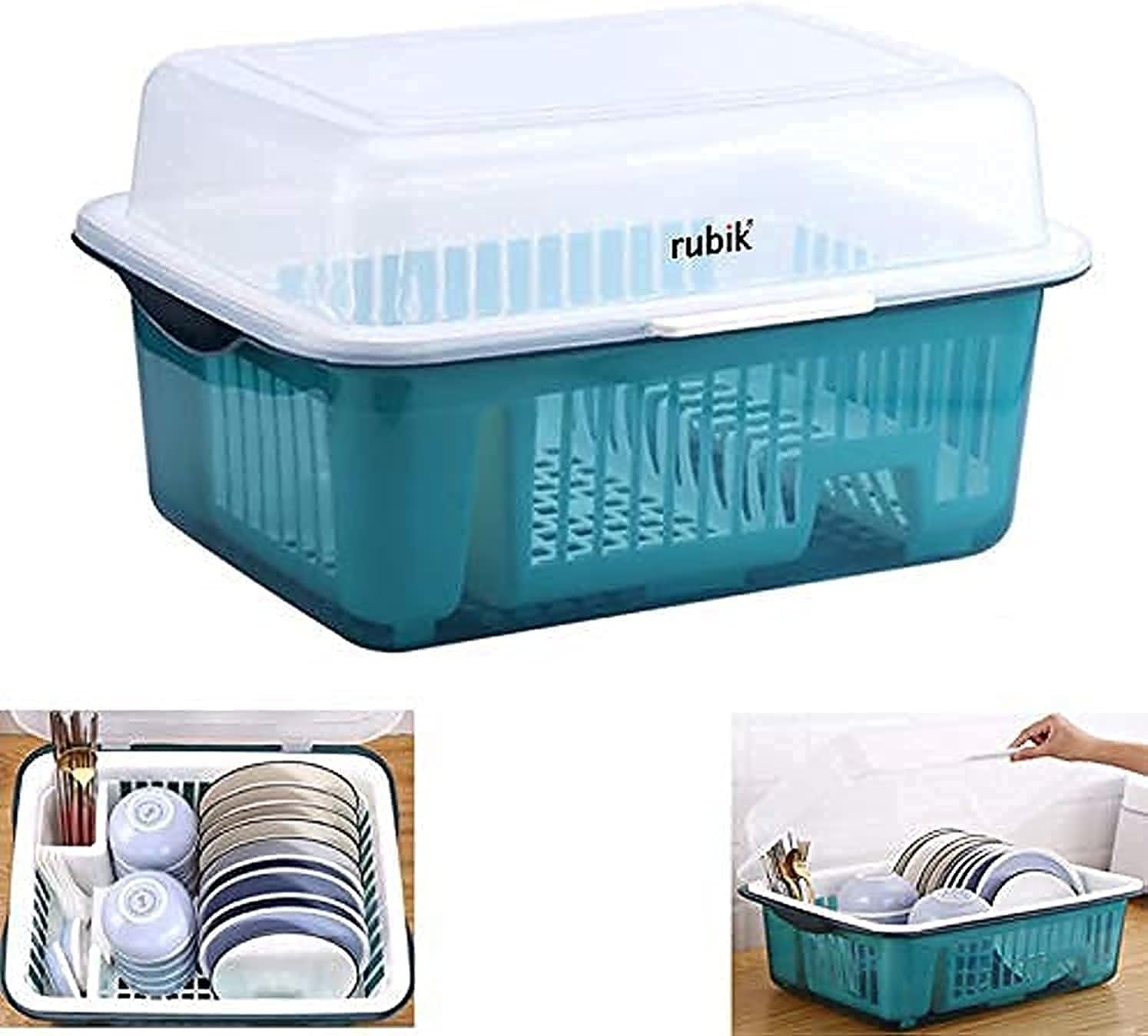 rubik covered dish drying storage rack kitchen tableware dish drainer with transparent lid cover (large, blue)