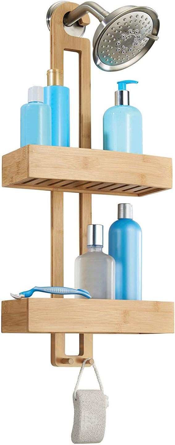 idesign formbu bamboo hanging shower caddy for shampoo, conditioner, and soap with hooks for razors, towels, loofahs, and more, 11.05" x 5.32" x 26.68", natural beige