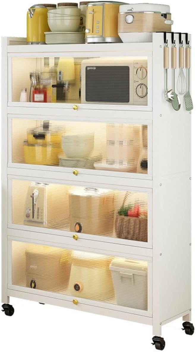 sky touch 5 tier storage cabinet : heavy metal shelf with 4 door bookshelf bookcase with 4 wheels storage rack organizer workstation for kitchen home office pantry study (white 144 * 80 * 32cm)