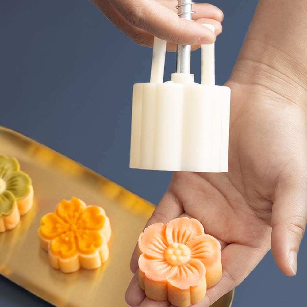 ylskmu moon cake mould set 4pcs 50g cookie stamps, cherry blossom floral mid autumn festival diy hand press cookie dessert cutter pastry decoration flower impressions tool mooncake maker