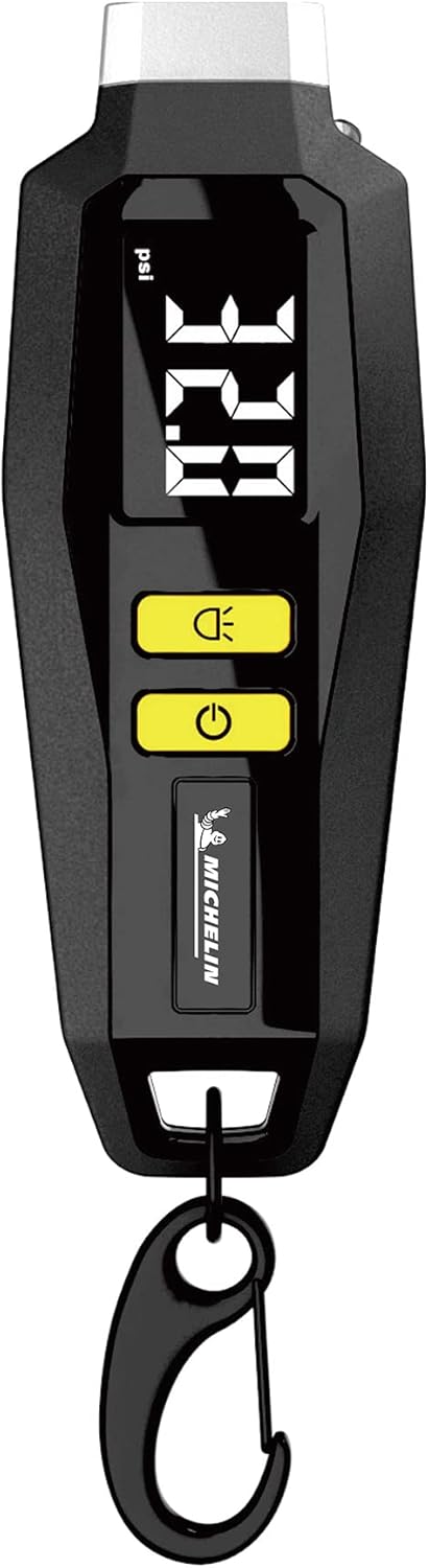 michelin digital tyre pressure gauge with keyring, compact, accurate tire pressure monitor for cars, bikes, led display, portable, black