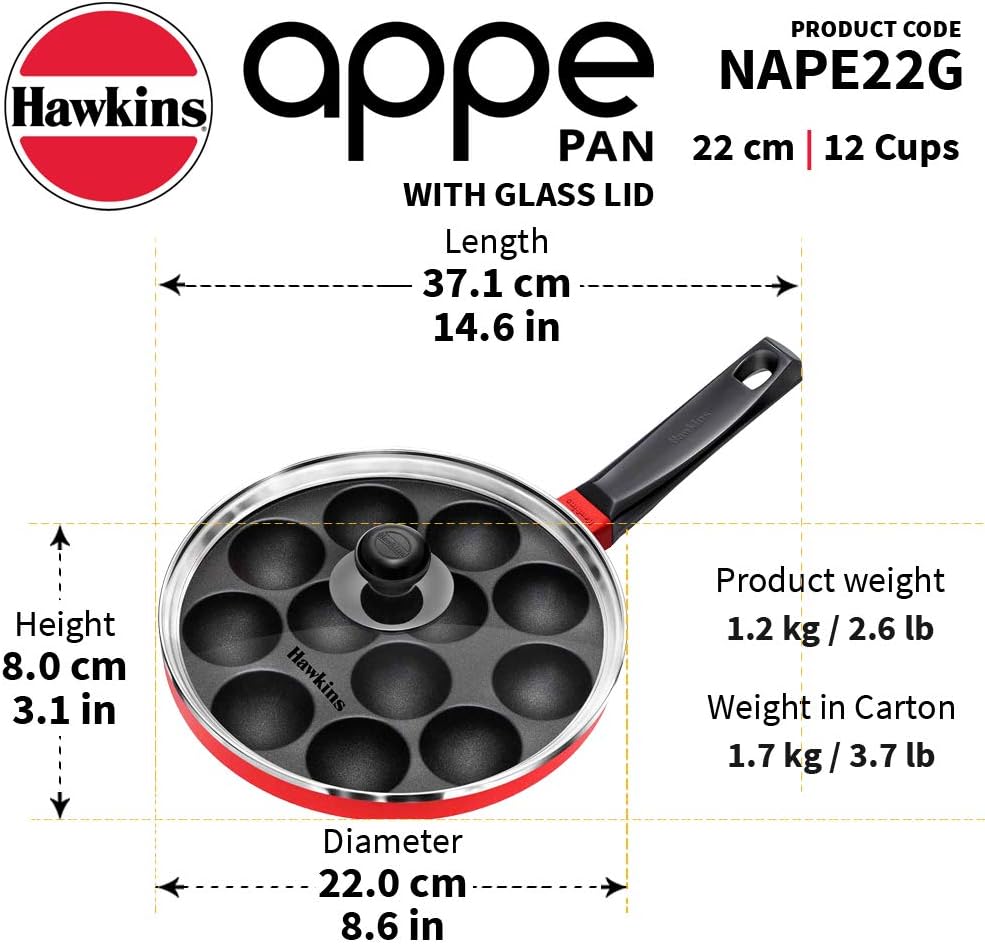 hawkins 22 cm appe pan, non stick paniyaram pan with glass lid, 12 cups paniyarakkal ceramic pan, litti pan, kuzhi paniyaram pan, ponganalu pan, red (nape22g)