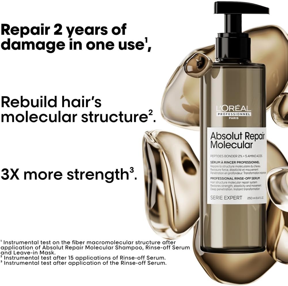 l’oréal professionnel | absolut repair molecular hair rinse off serum, repair damage & restore strength, deep molecular repair & instant transformation, for all damaged hair types, serie expert, 250ml