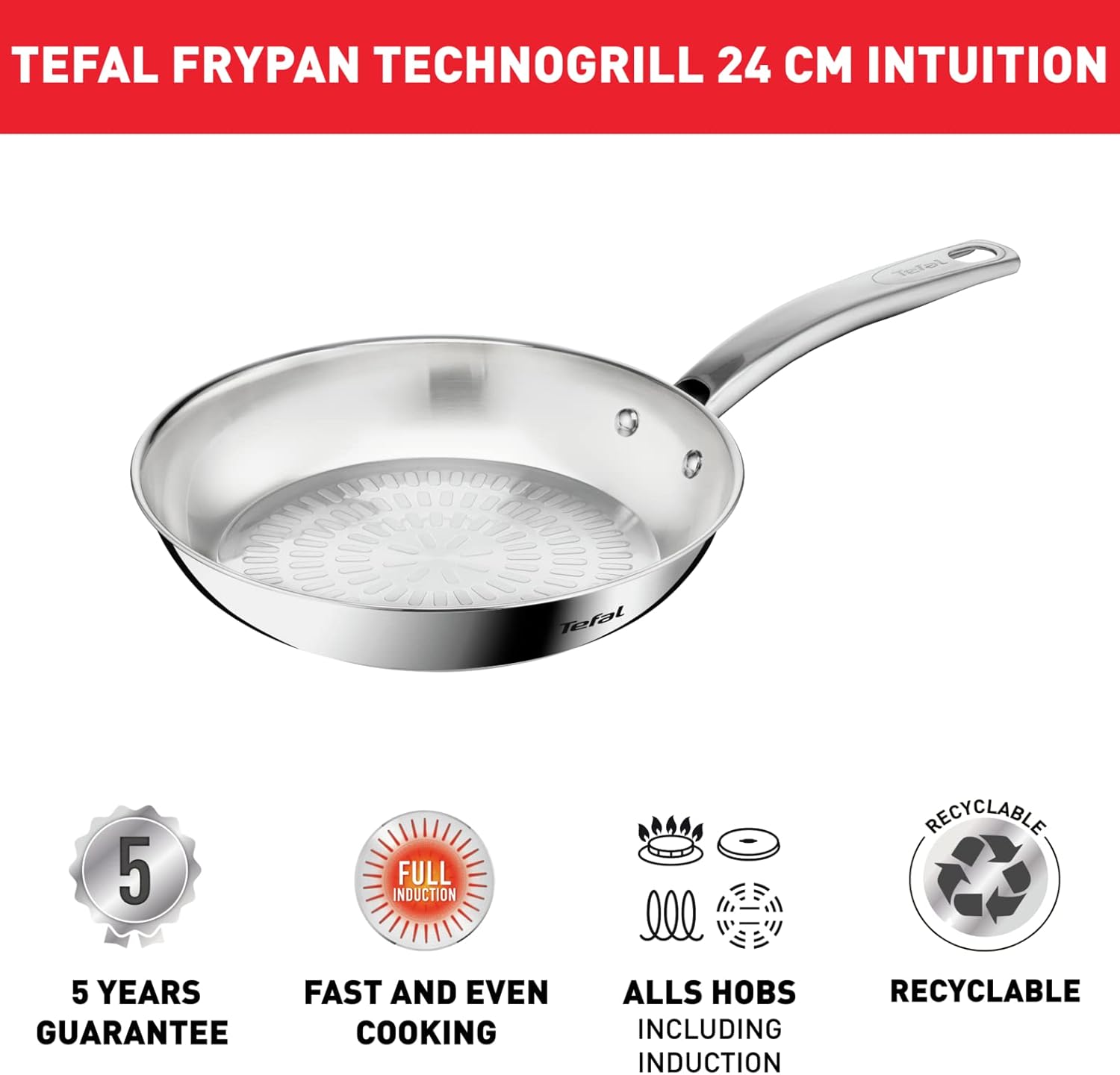 tefal intuition 24 cm frypan, premium stainless steel 18/10, induction, b8590435