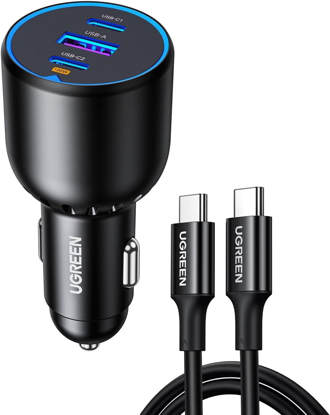 ugreen 130w type c car fast charger, 3 port macbook usb car power adapter with 100w usb c cable, automobile charger plug for samsung s24 series, iphone, steam deck, macbook, laptops, tablets, huawei