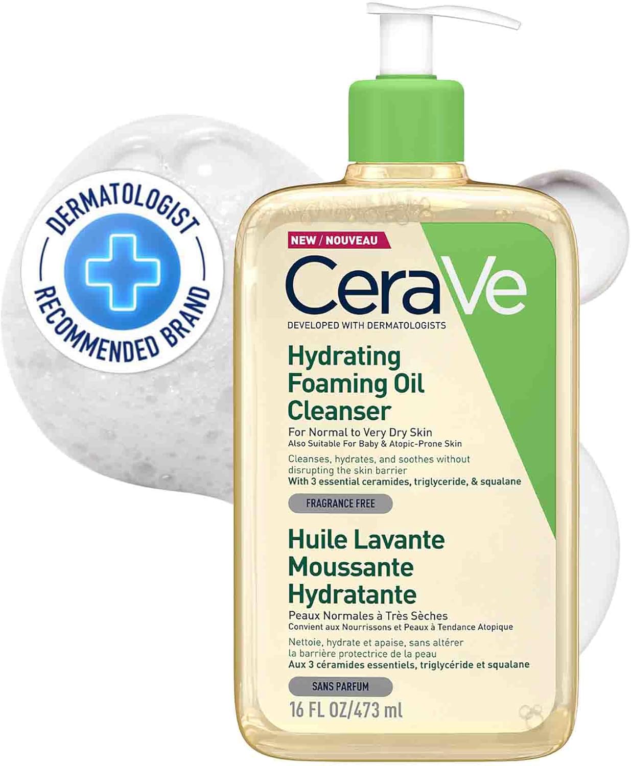 cerave hydrating foaming oil cleanser 473ml for normal to very dry skin with squalane, triglyceride and 3 essential ceramides. for face and body