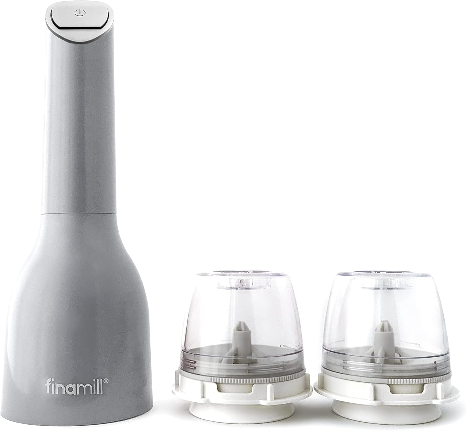 finamill's award winning battery operated salt and pepper grinder set adjustable coarseness, led light, 2 quick change proplus pods perfect for home cooking & gifting (stone)