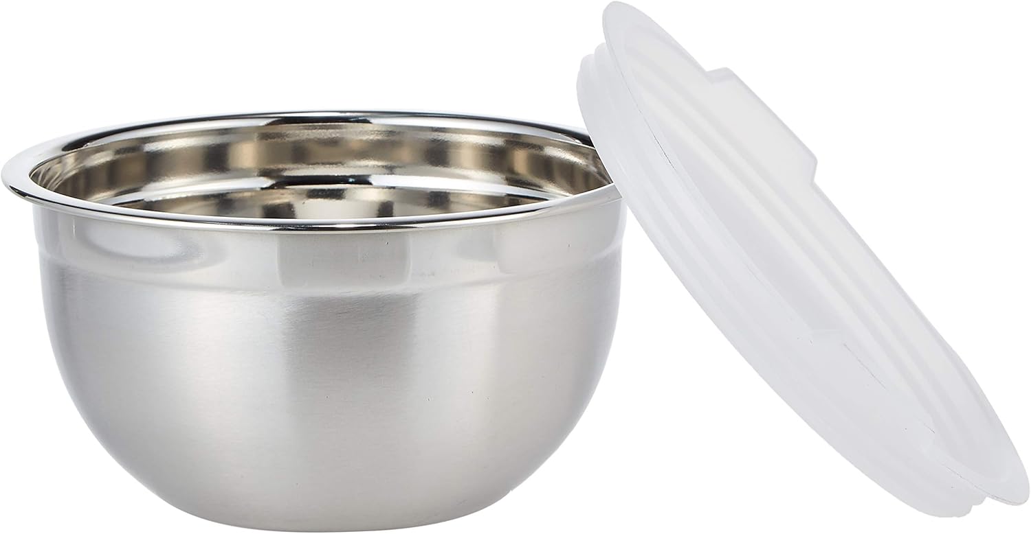 raj stainless steel mixing bowl with plastic lid, 14 / 16 / 18 cm, vpi014, 3 pieces serving bowl set , storage container set , meal prep containers with lid