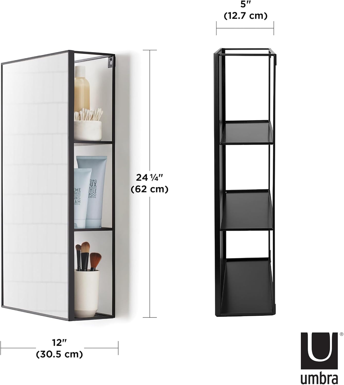 umbra cubiko storage unit, modern medicine cabinet, vanity, bathroom mirror, 24x12” rectangle, black