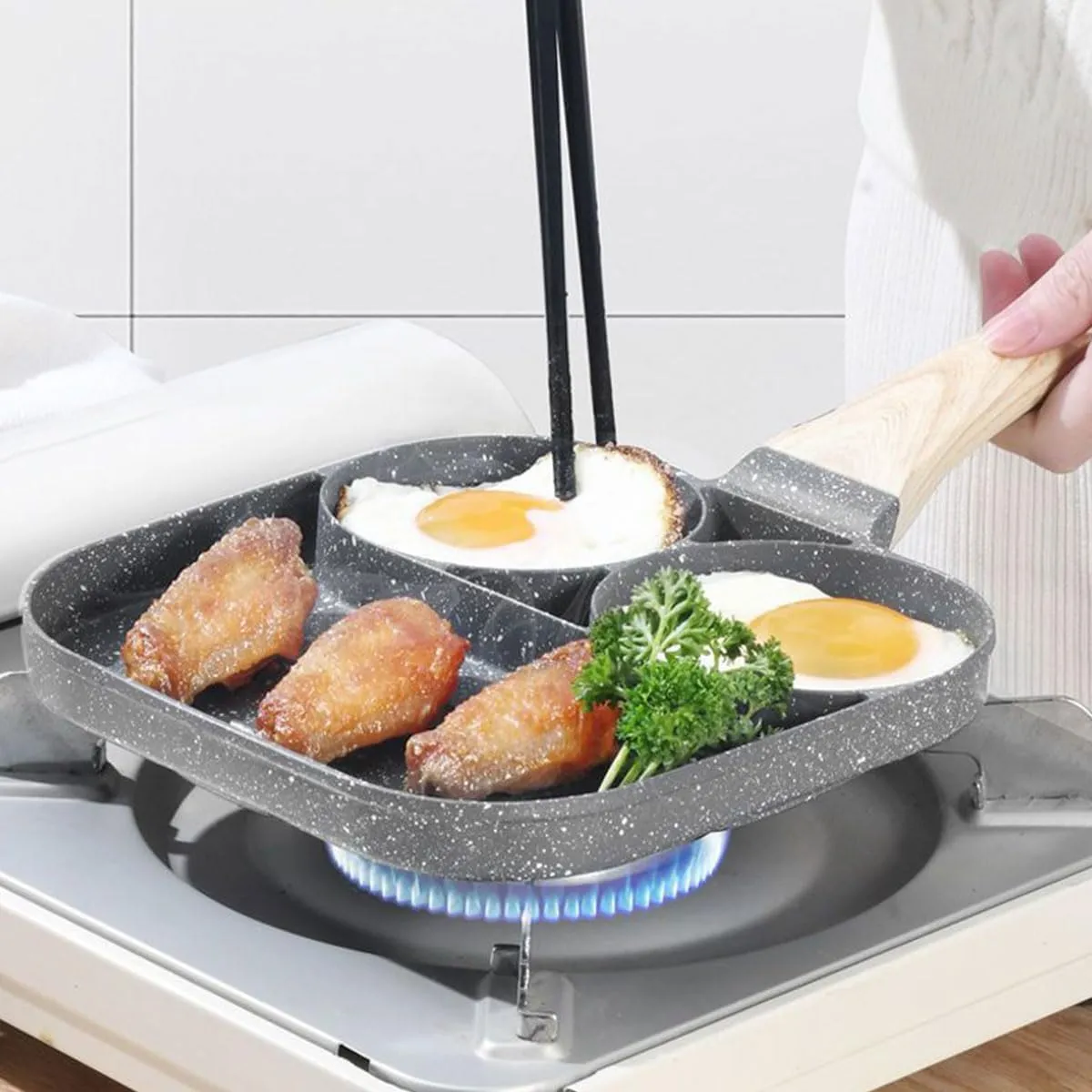 ECVV Egg Frying Pan, 3-in-1 Nonstick Pan Divided Breakfast Pans with Heat Resistant Handle | Egg Omelette Pan for Pancake | Bacon & Burgers | Fried Egg Cooker for Gas Stove & Induction Cooker