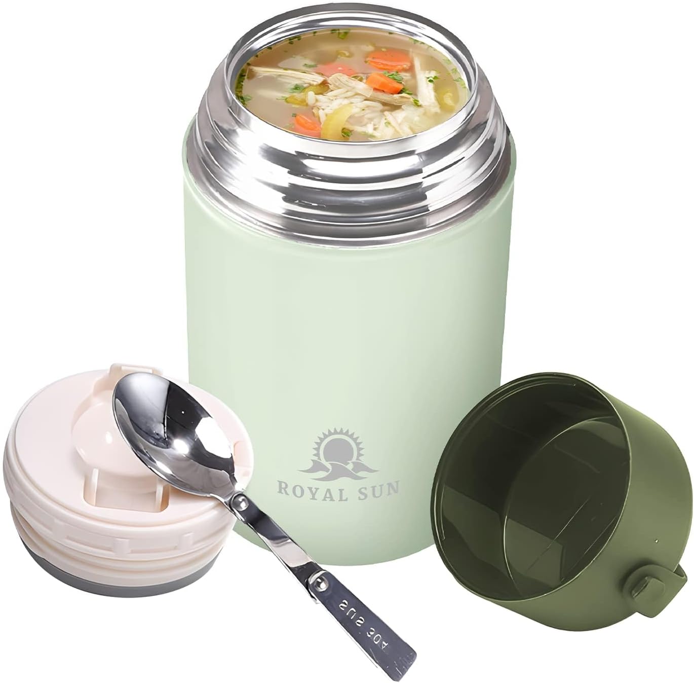royal sun insulated food jar with handle, large capacity stew beaker, thermos for hot food, stainless steel vacuum lunch box with folding spoon, for school office picnic (green)