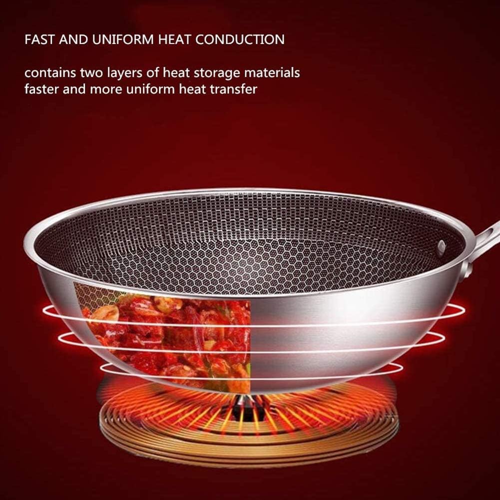 zlass stainless steel wok, round bottom non stick honeycomb wok with anti scalding handle, suitable for family restaurant cooking pots on all stoves, 32cm/12.5in